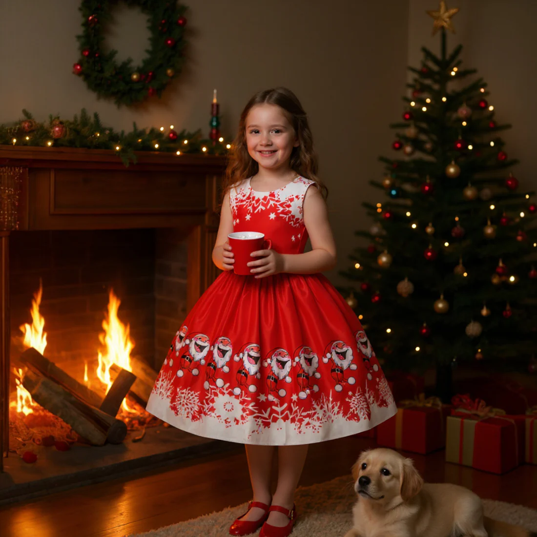 Girls Christmas Red Santa Print Party Dress