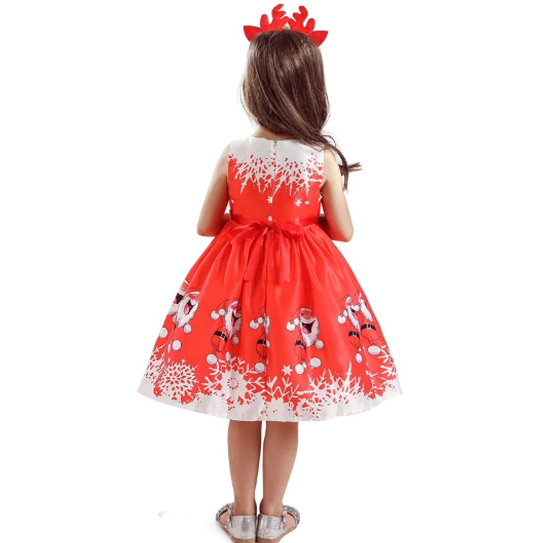 Girls Christmas Red Santa Print Party Dress - Image 3