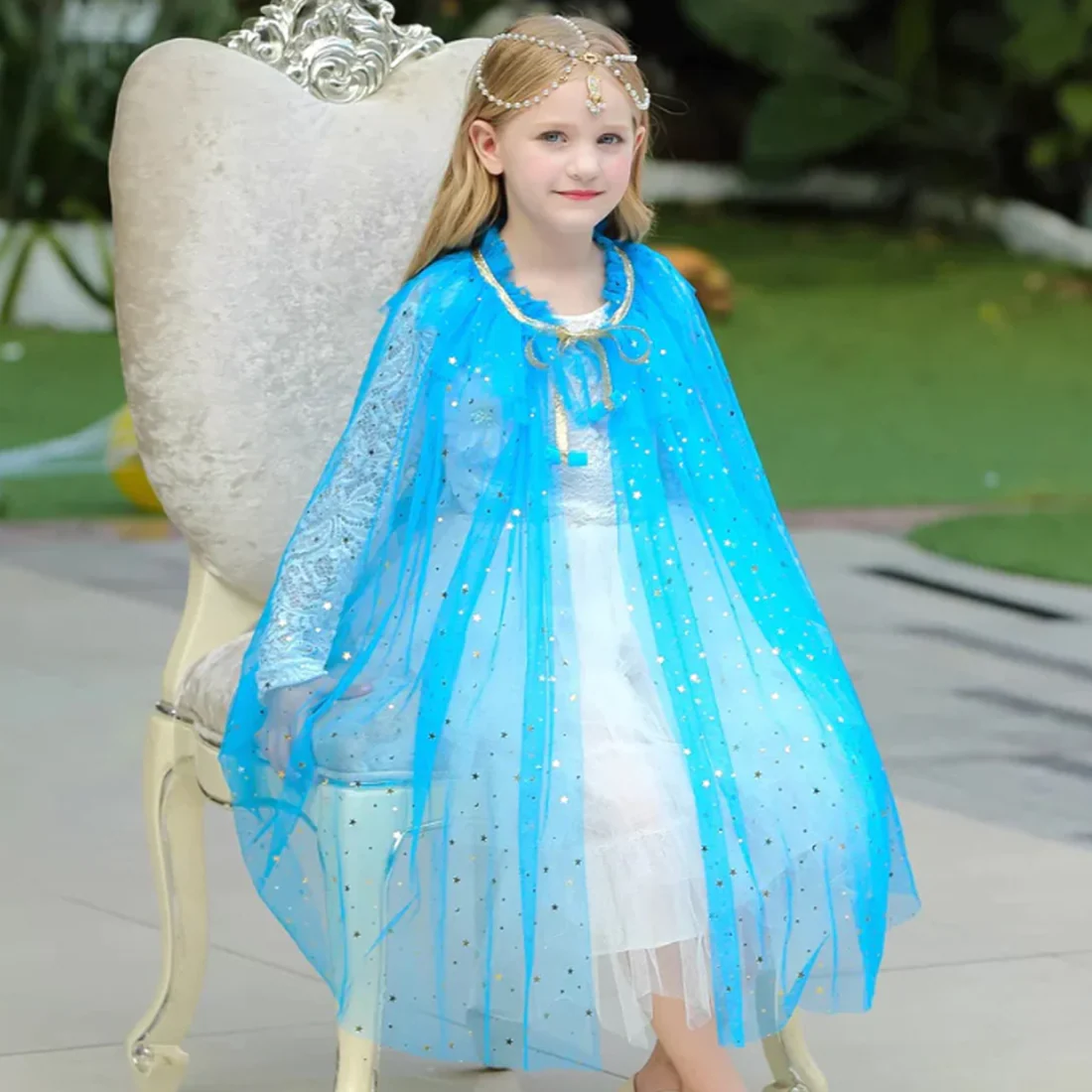 Girls Princess Blue Cape Cloak - Image 5