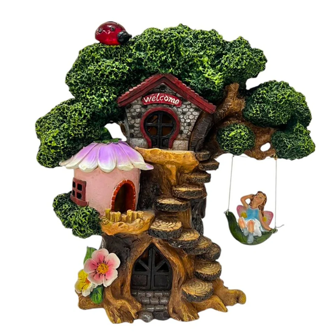 Solar Fairy Garden Tree House With Fairy On Swing - Image 3